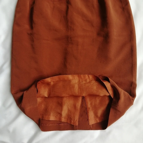 Vintage Satin Orange Rust Straight Pencil Skirt with Subtle Pleating XS - Picture 7 of 14